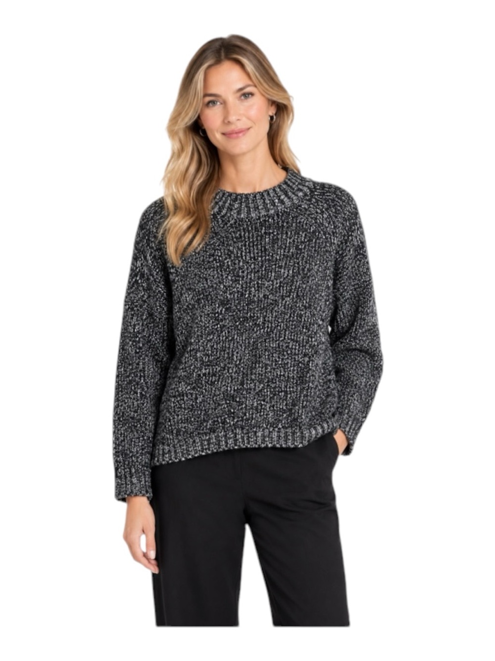 Eileen Fisher Organic Cotton Black White Boxy Peruvian Knit Sweater LP Preppy